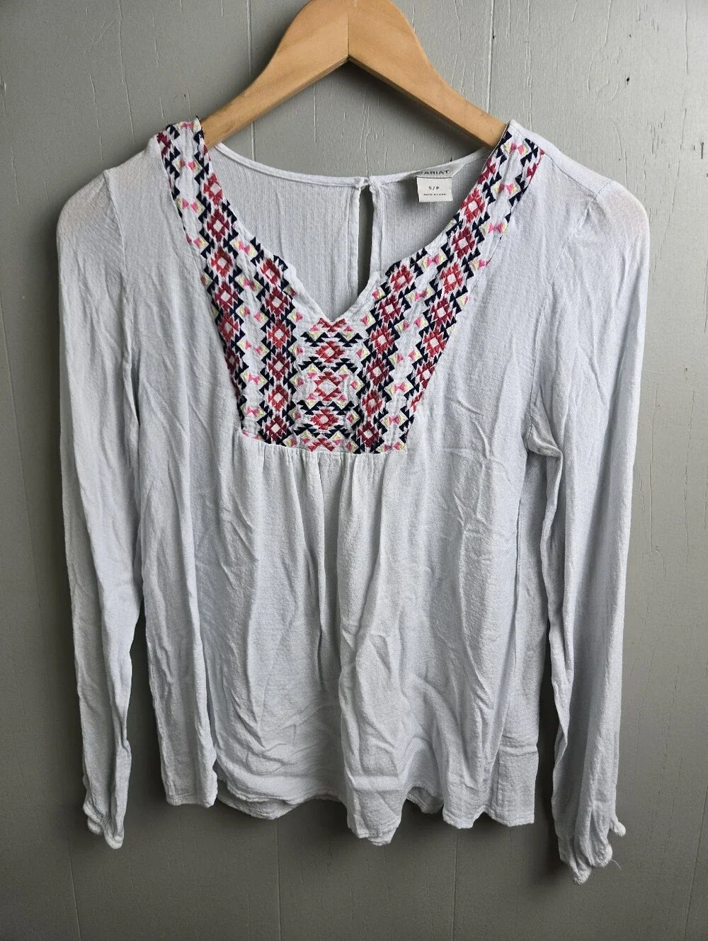 Ariat Tunic Blouse Womens S/P White Embroidered V-Neck Long Sleeve Lightweight